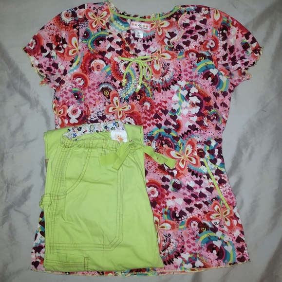 Koi Scrub Set Colorful Small Top w lime Pants Xs